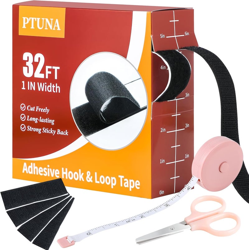 PTUNA 32Ft *1 Inch Hook and Loop Tape with Adhesive Back, Heavy Duty Double Sided Adhesive Strips, Strong Sticky Strips Roll for Home/Office/School/Car, Black - Image 1